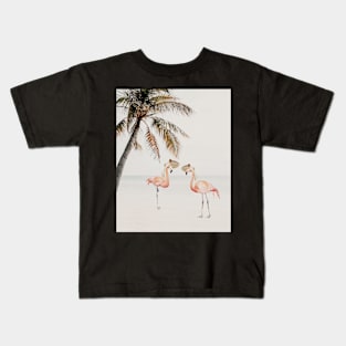 Flamingos on the beach under palm Animal adventures Kids T-Shirt